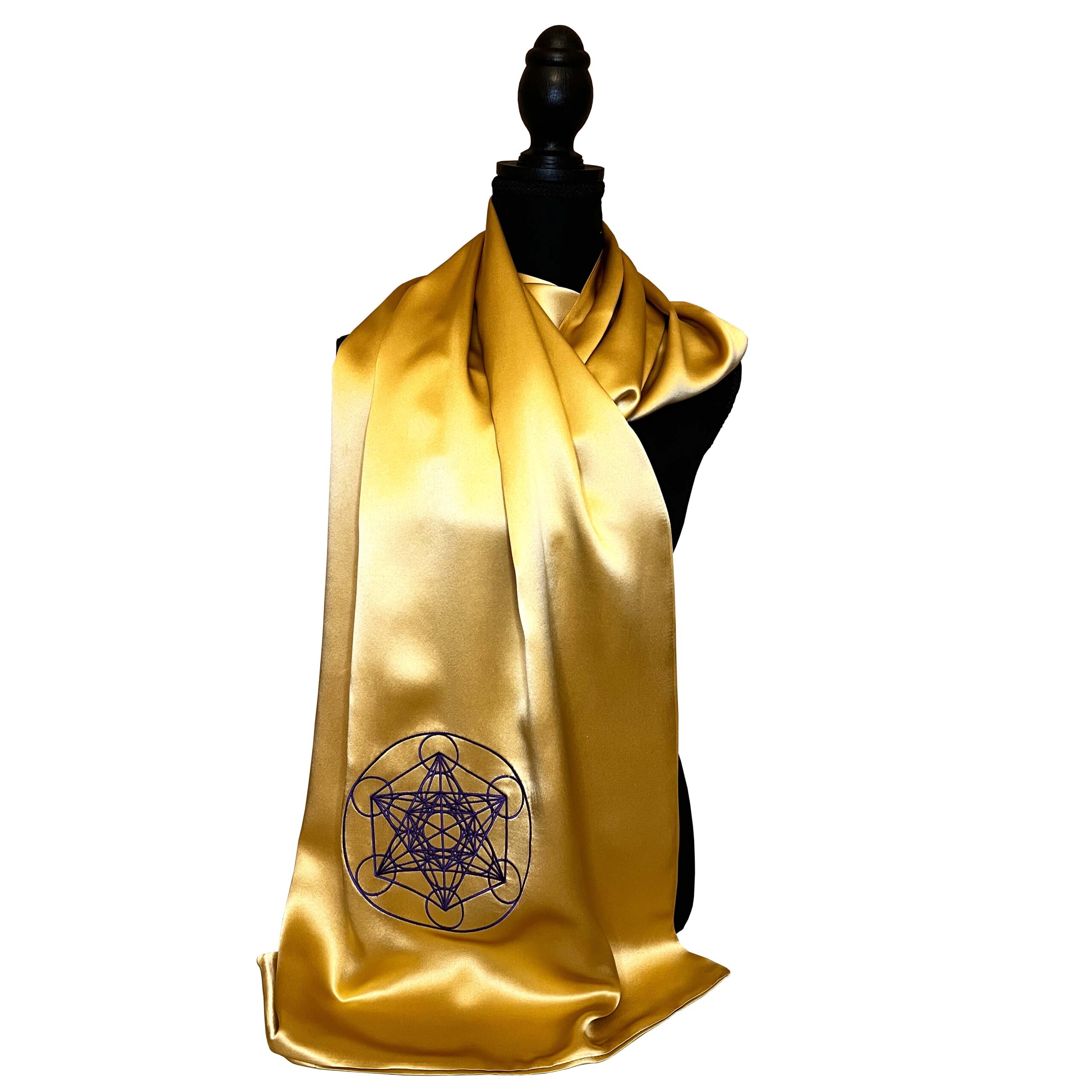Scarf - Gold with Purple - 100% silk -with Sacred Geometry - Metatron's Cube