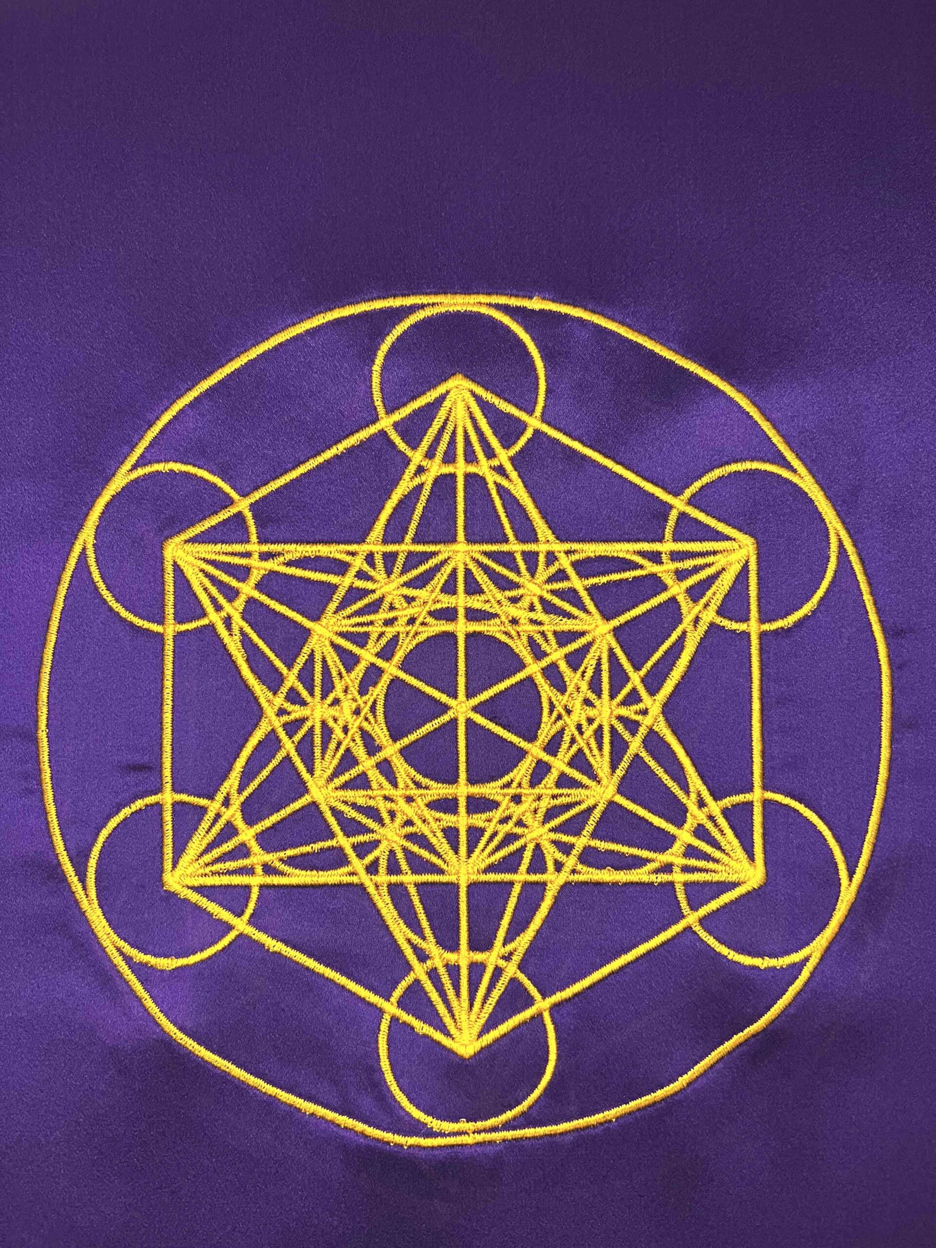 Scarf - Purple with Gold - 100% silk -with Sacred Geometry - Metatron's Cube - Image 2
